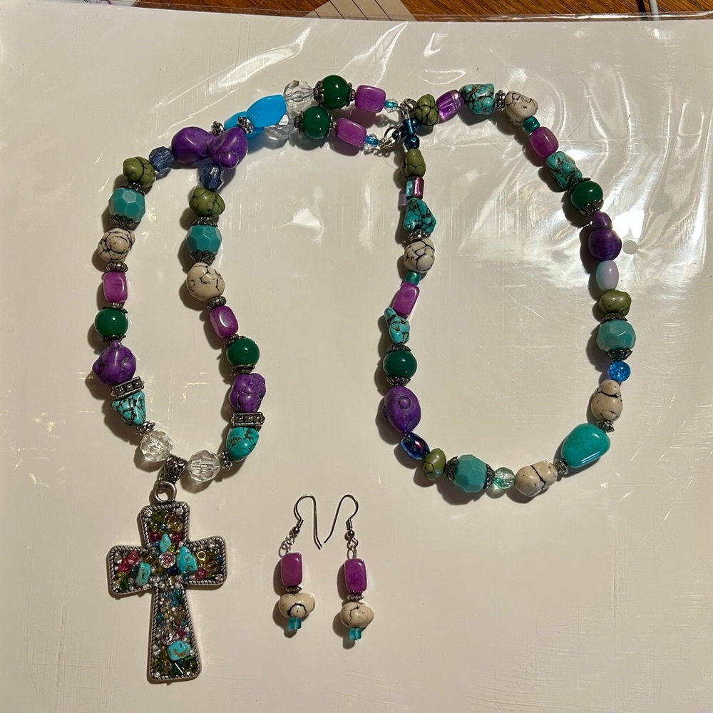 Colorful Beaded Cross Necklace and Earring Set